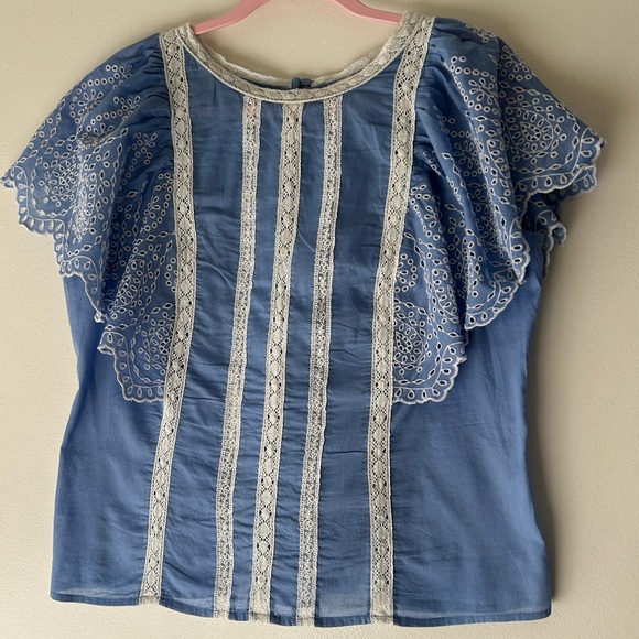 Anthropologie Light Blue Eyelet Lace-Trim Flutter Sleeve Top - Picture 7 of 16